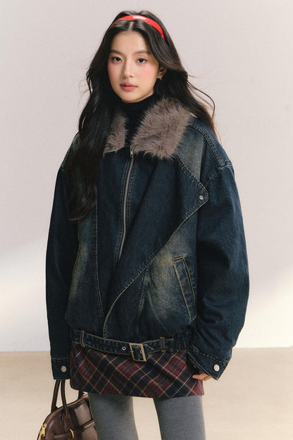 Large Fur Collar Denim Jacket