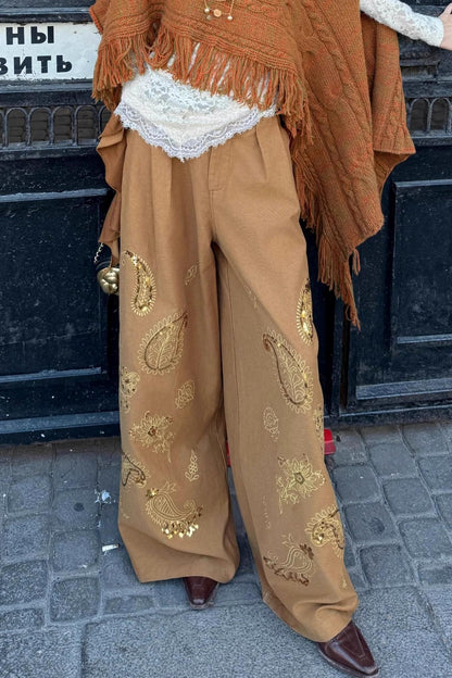 Cashew Flower Embroidered Wide-leg Pants