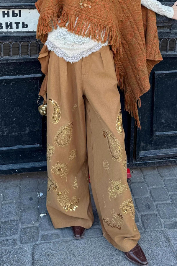 Cashew Flower Embroidered Wide-leg Pants