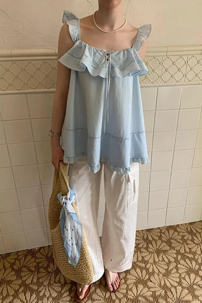 Blue Lace V-Neck Doll Top