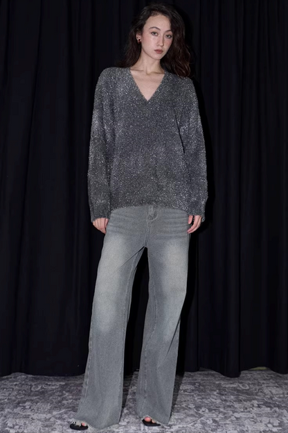 Silberner Faden V-Ausschnitt Strickpullover