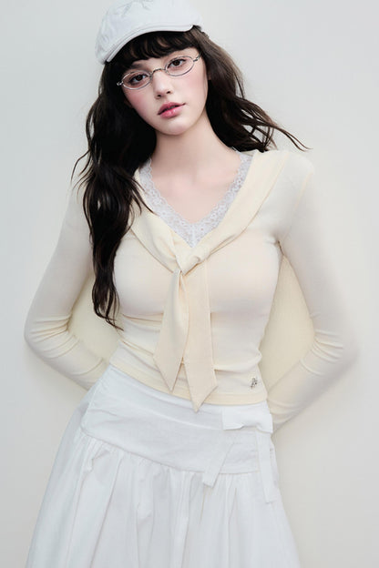 Korean Lace Trim Tie Neck Sweater