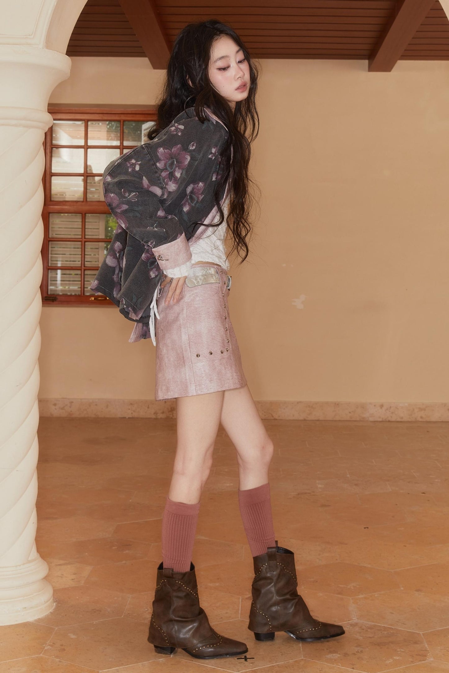 Pink Beaded Leather Skirt