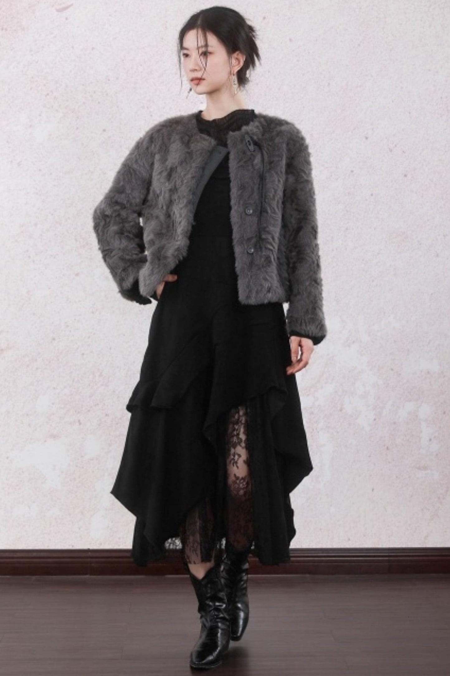 Elegant Gray-Brown Plush Jacket