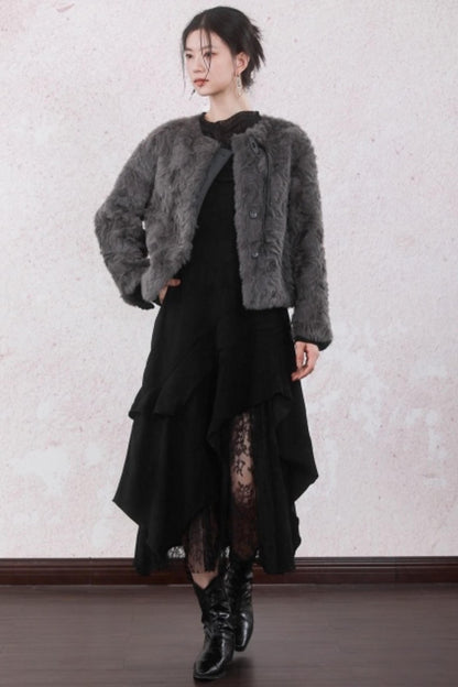 Elegant Gray-Brown Plush Jacket