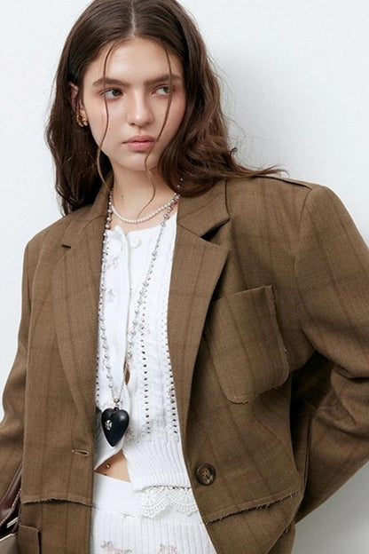 Brown Check Raw Edge Blazer