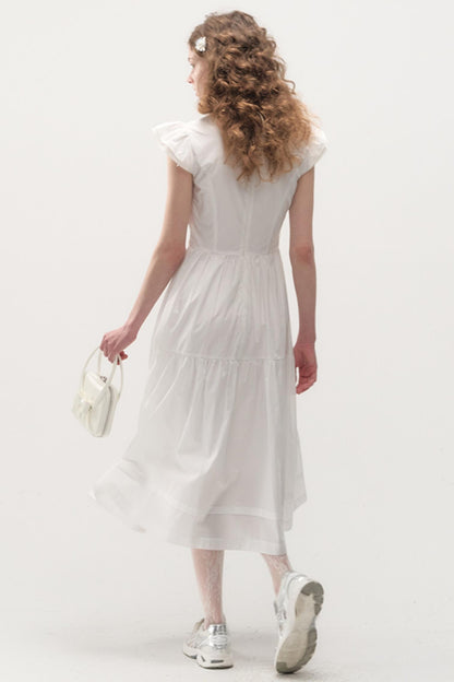 White Bow Flutter Sleeve Dress