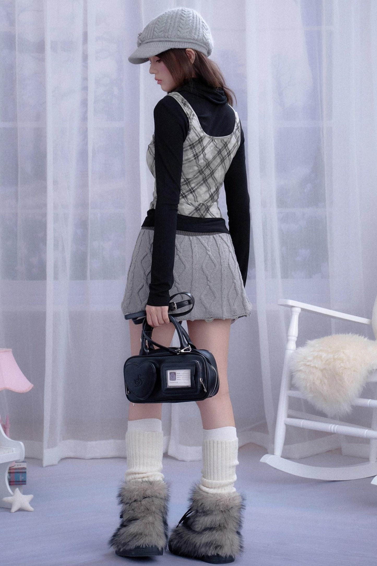Gray Rhombus Knitted Skirt & Shorts Set