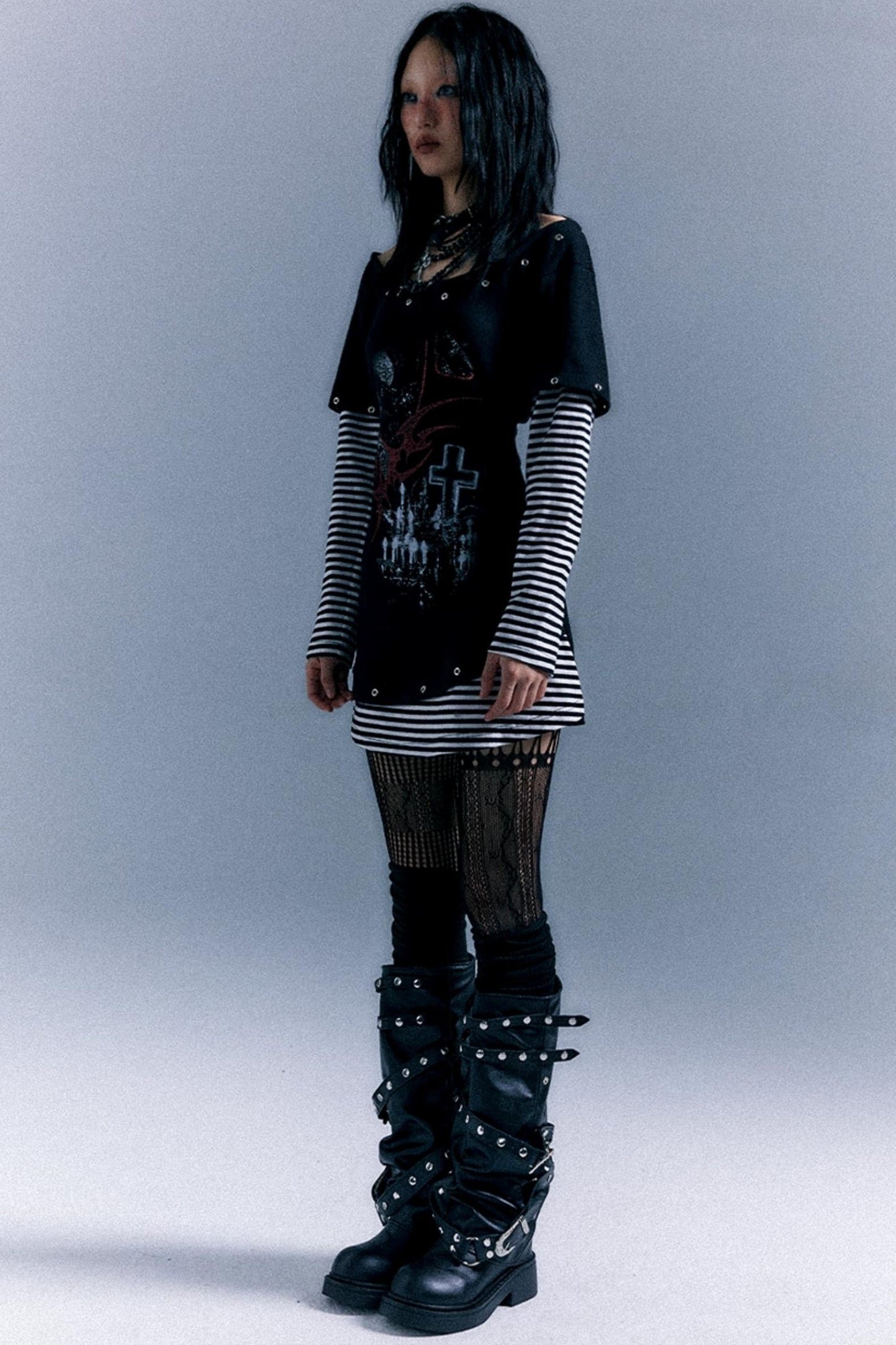 Punk Striped Cinched Waist T-Shirt Dress