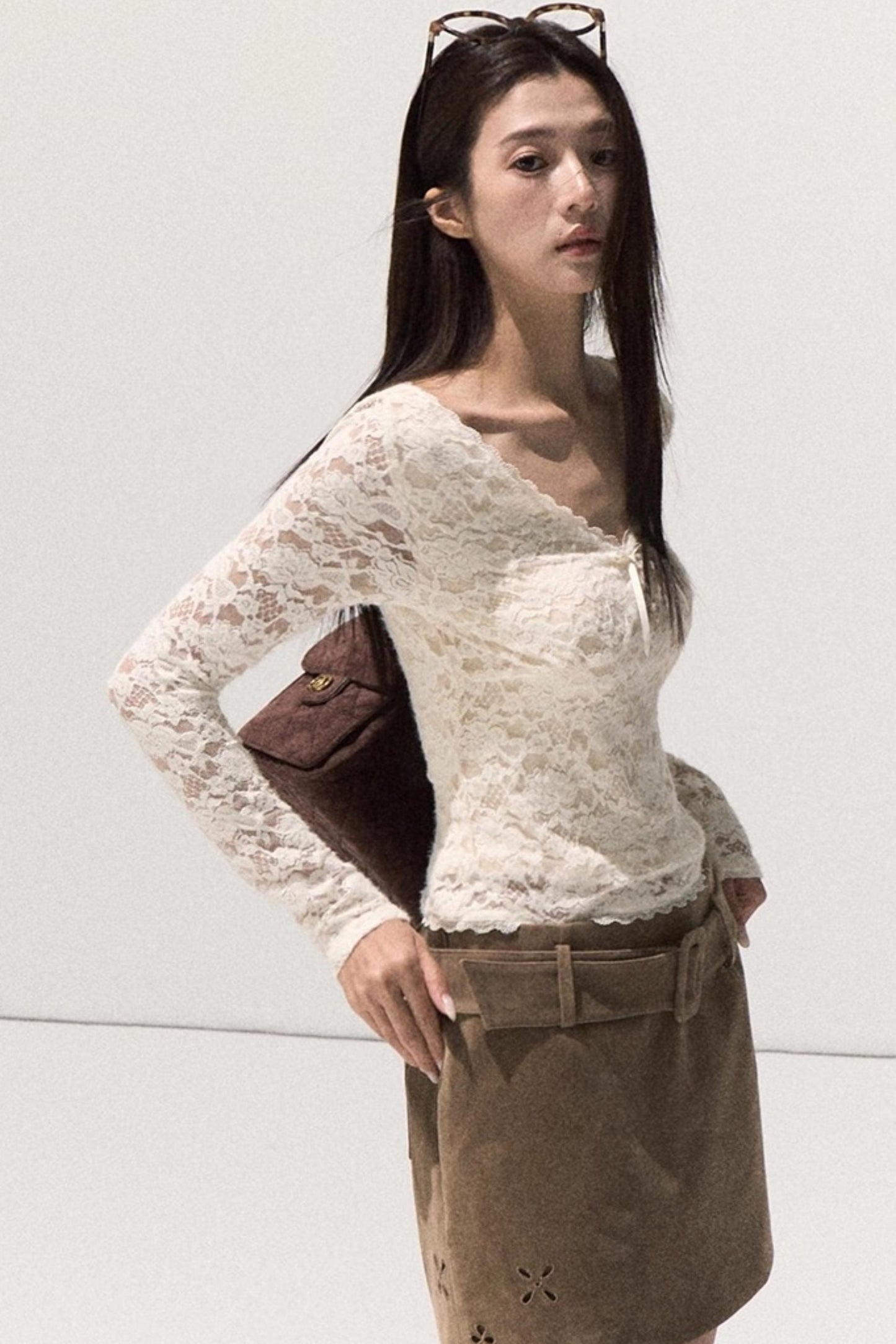 V-Neck Lace Knit Sweater