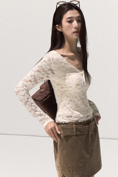 V-Neck Lace Knit Sweater