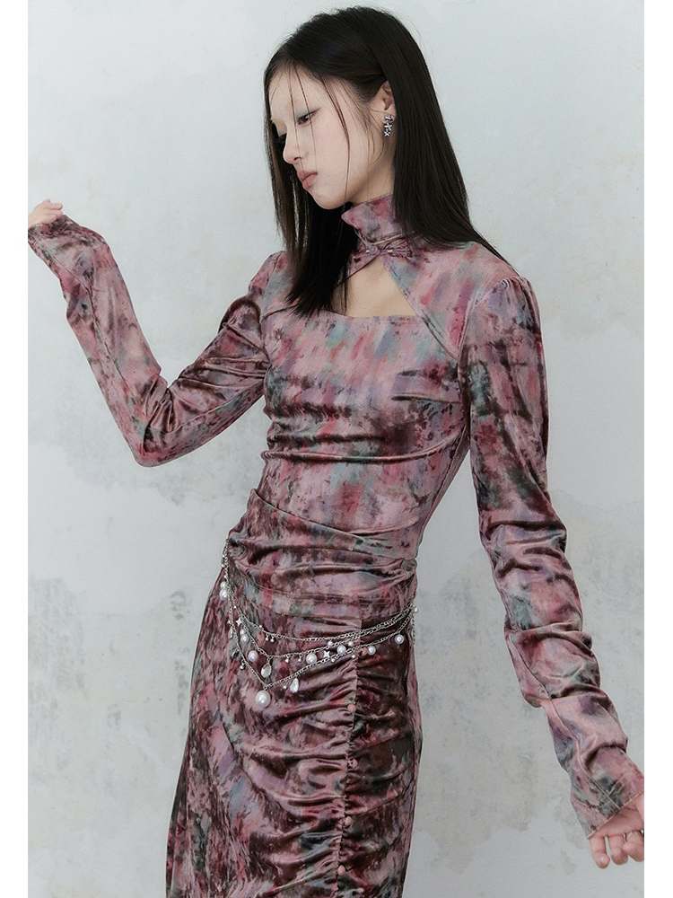 Chinese Style Marble Print Tops & Slit Skirt