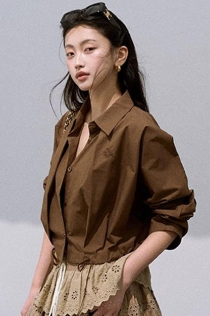 Lace-Up Pinch Pleated Cotton Shirt