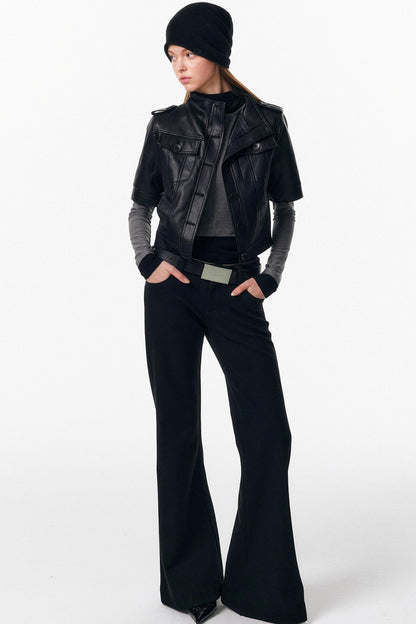 Leather Mid-Sleeve Slim Jacket