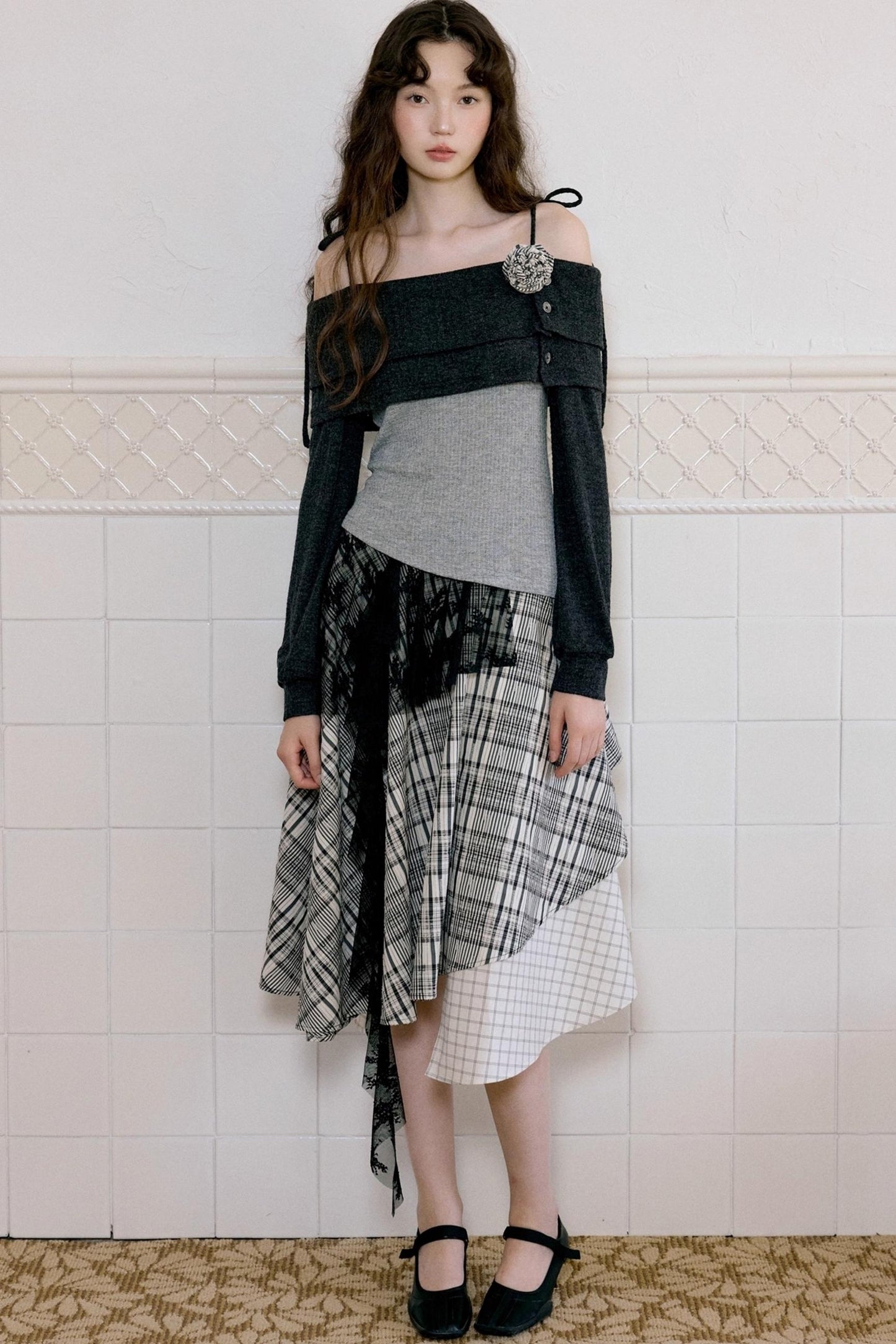 Camisole Knit Top Plaid Skirt Set-Up