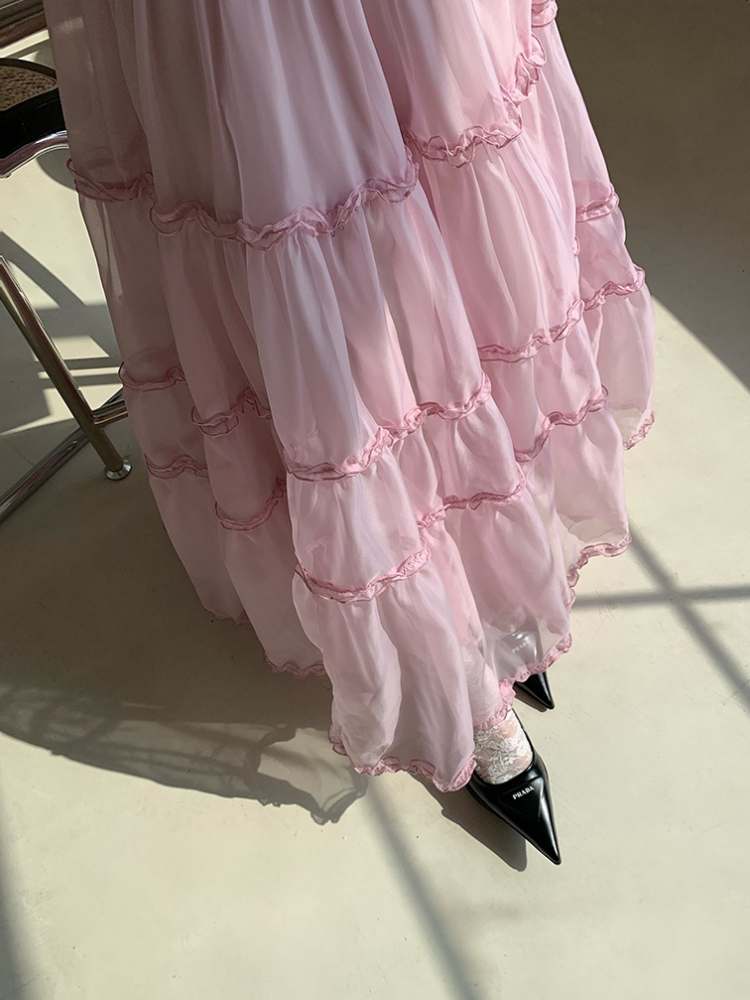 Cherry Blossoms Splice Mesh Volume Tiered Skirt