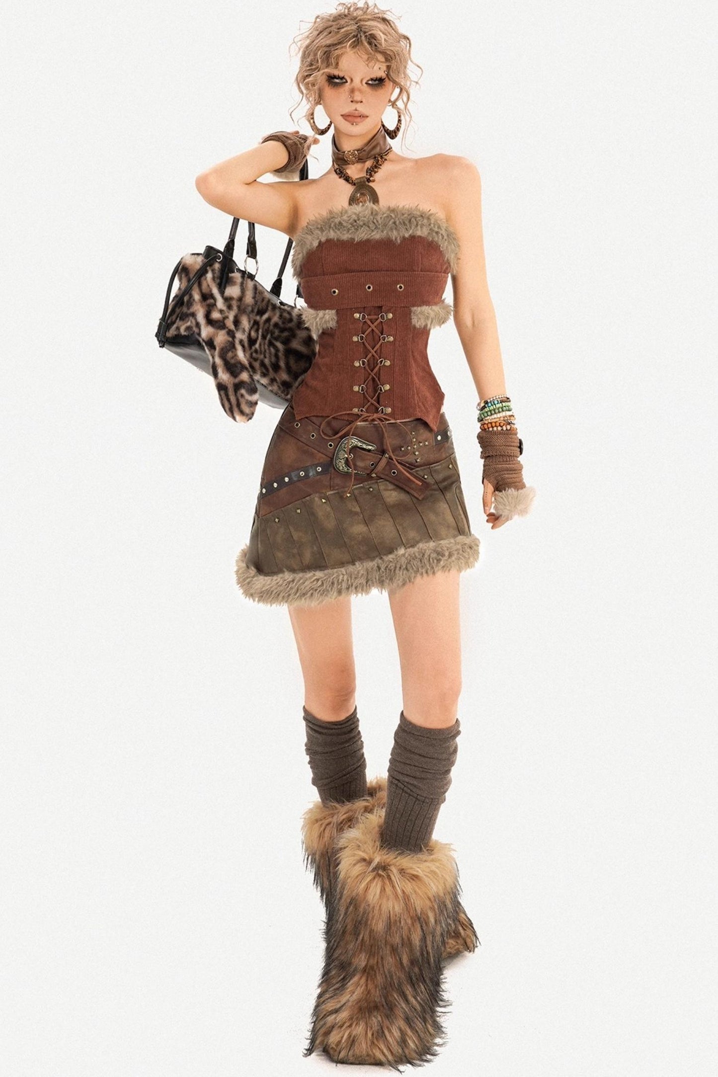 Furry Patchwork Leather Skirt Set-Up