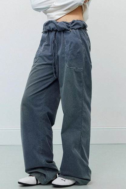 Washed Distressed Cuffed Waist Loose Pants