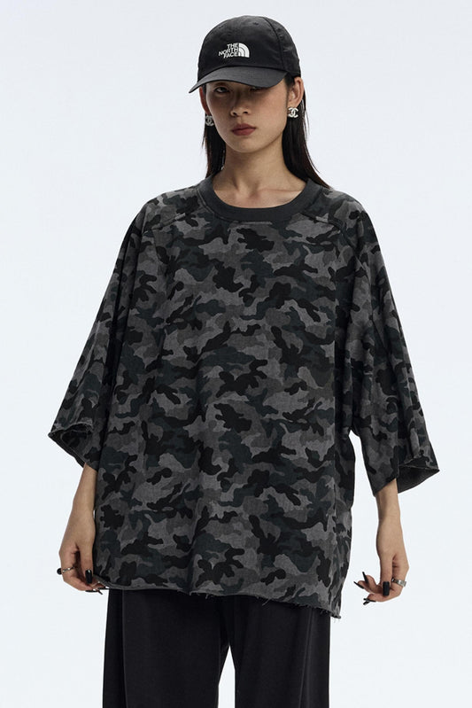 Vintage Camouflage Three-Quarter Sleeve Top