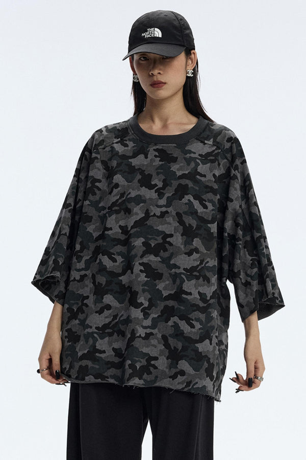 Vintage Camouflage Three-Quarter Sleeve Top