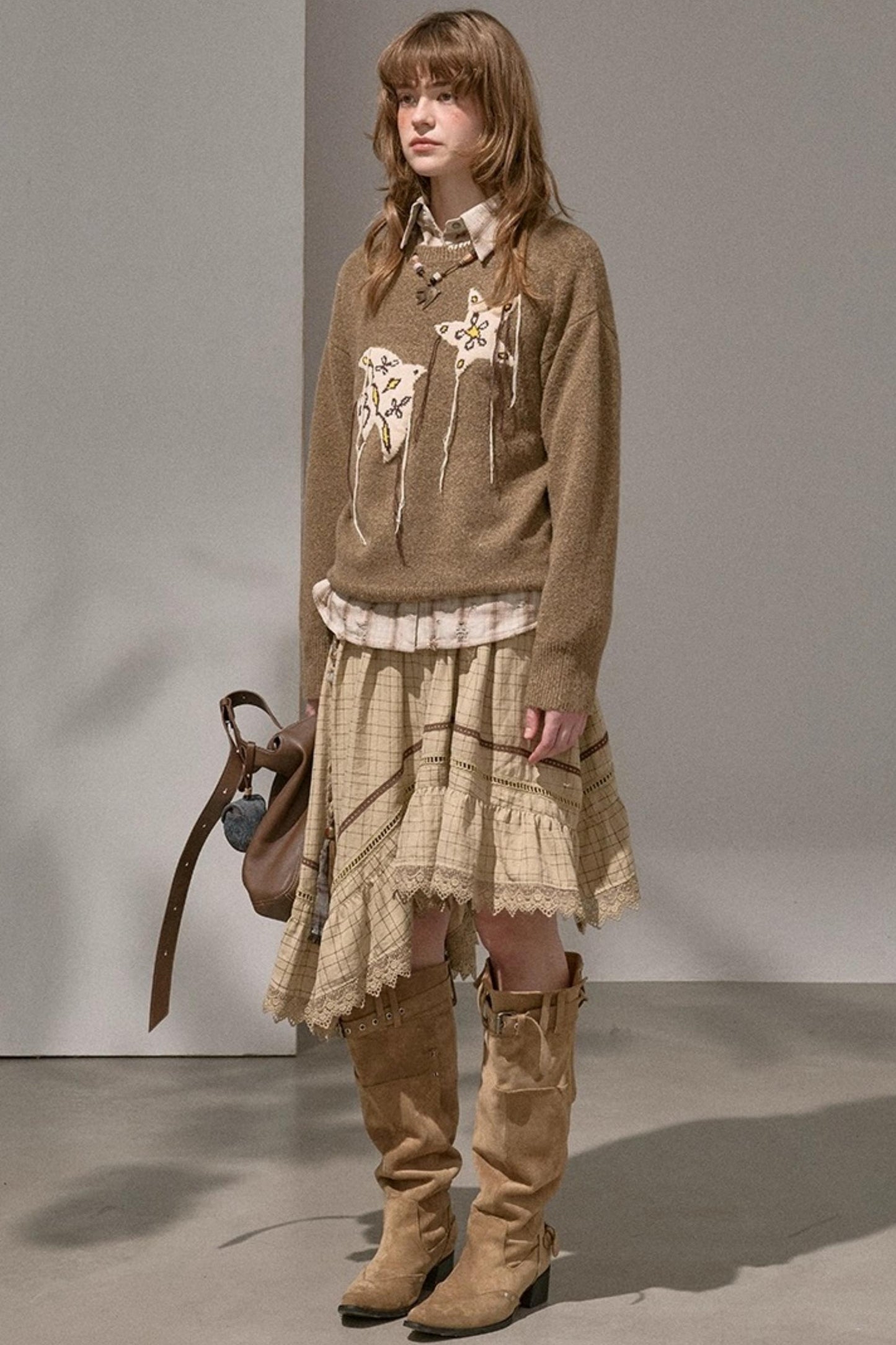 Wave Stitching Plaid Midi Skirt