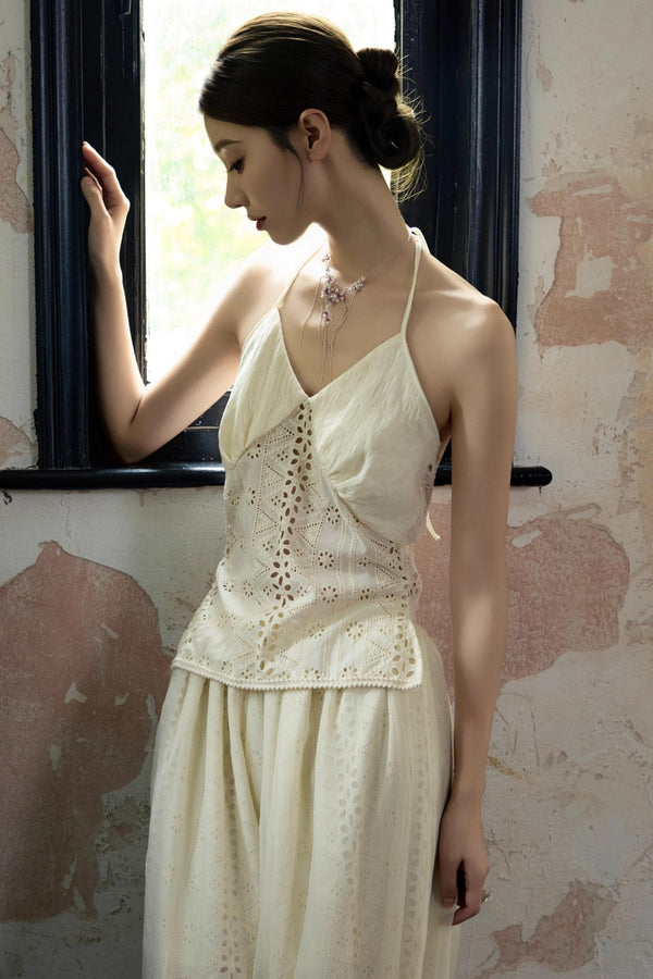 Romantic White Embroidered Halterneck Top