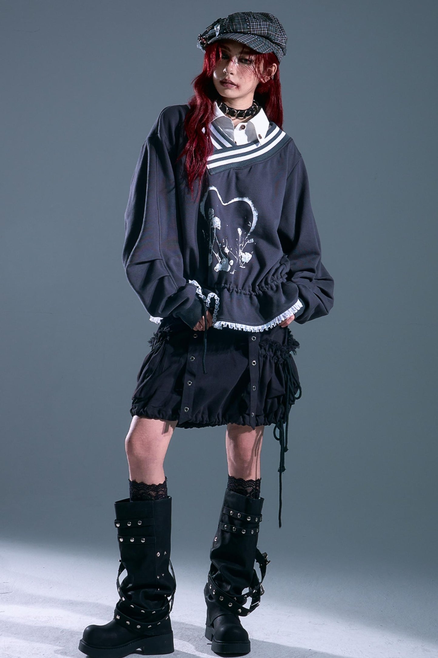 Vintage Punk Asymmetry Lace Sweatshirt