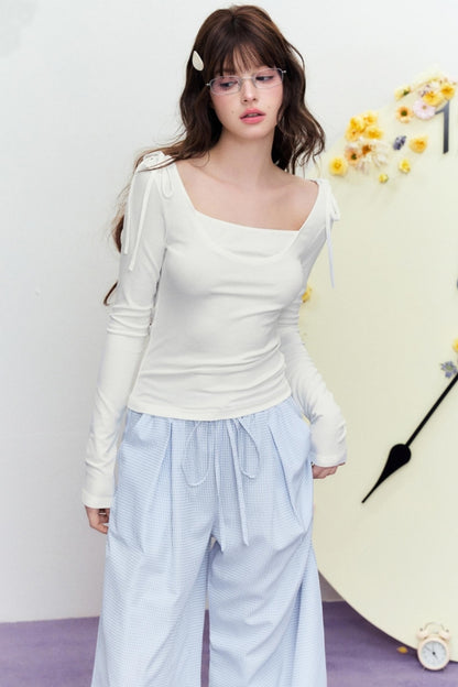 Korean Slim Tie Shoulder Top