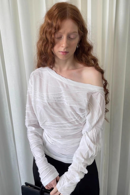 Pleated Slanted Shoulder Slimming Top