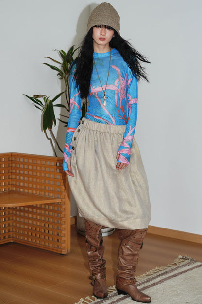 Chinese Mesh Cutout Long-Sleeved Top