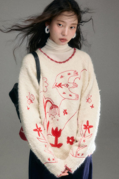 Snowy Field Tulip Embroidery Top