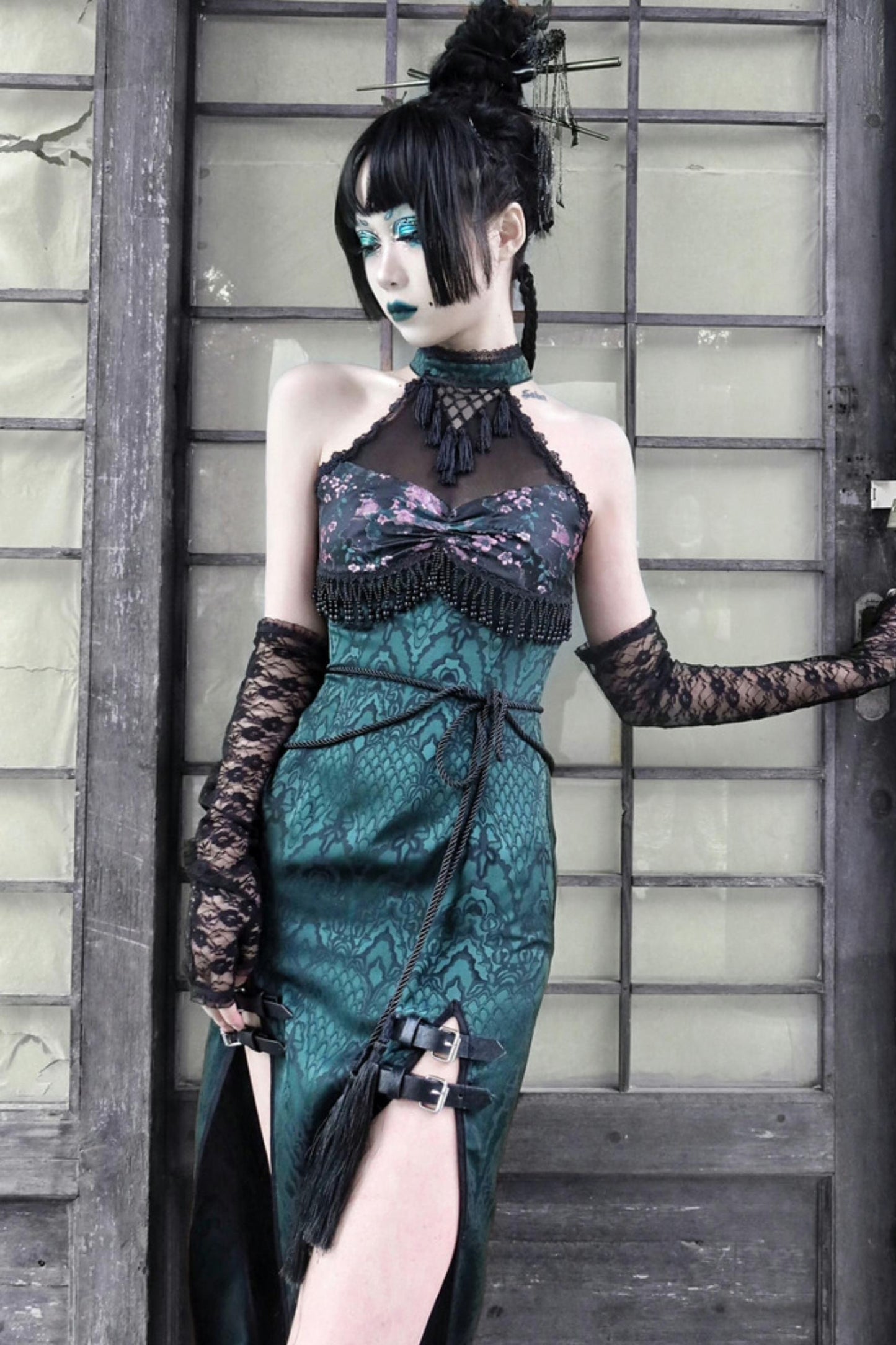 Gothic Mesh Slit Cheongsam Dress Set-Up