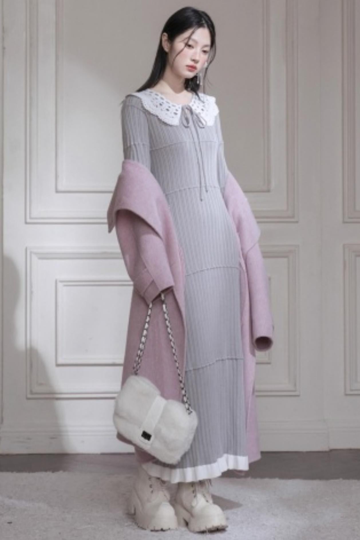 Mist Gray Lace Wool Dress