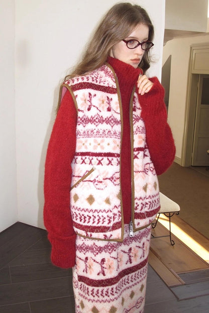 Berry Peach Retro Fleece Vest Jacket Skirt Set-Up