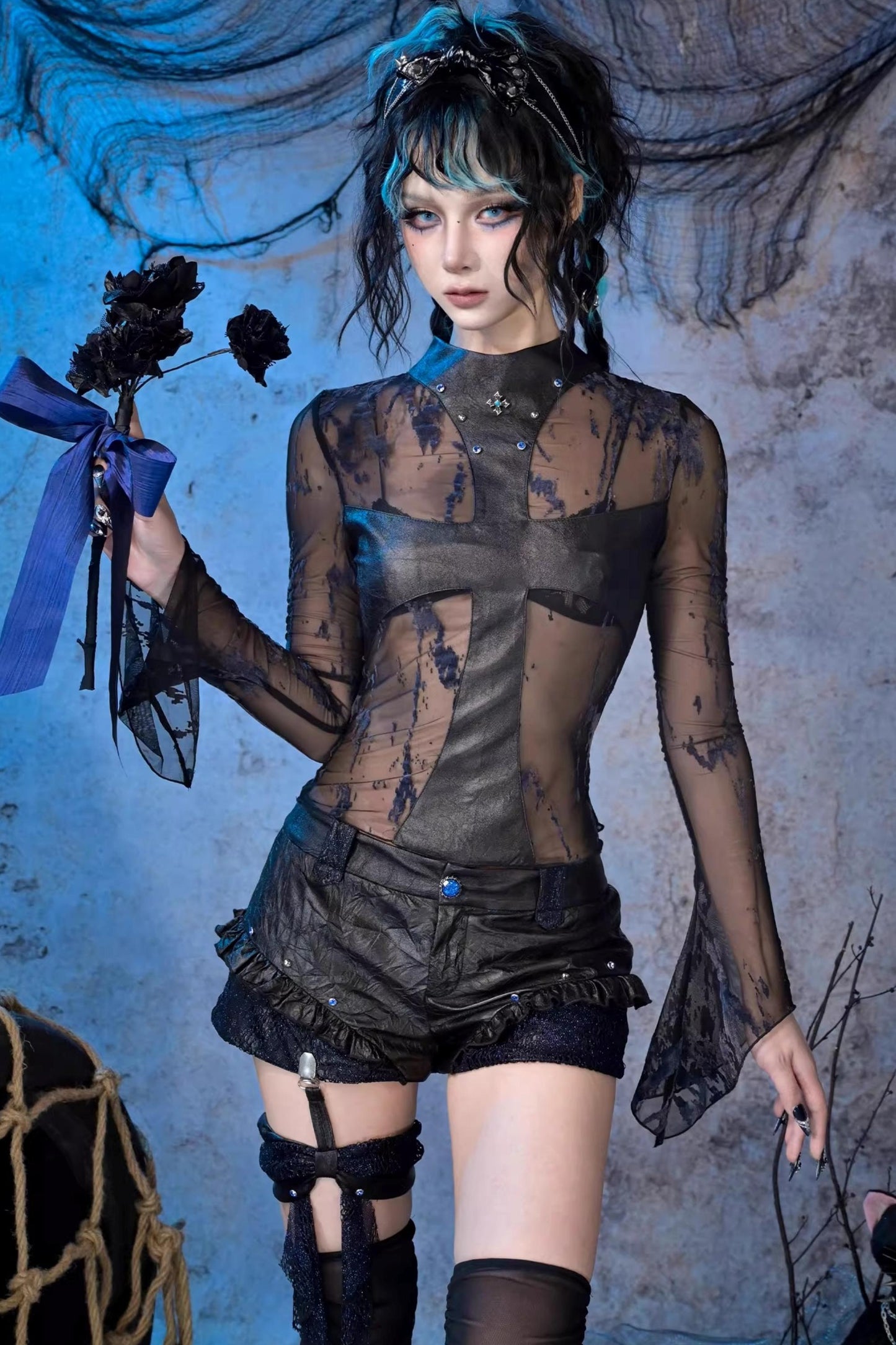 Studded Cross Mesh Top