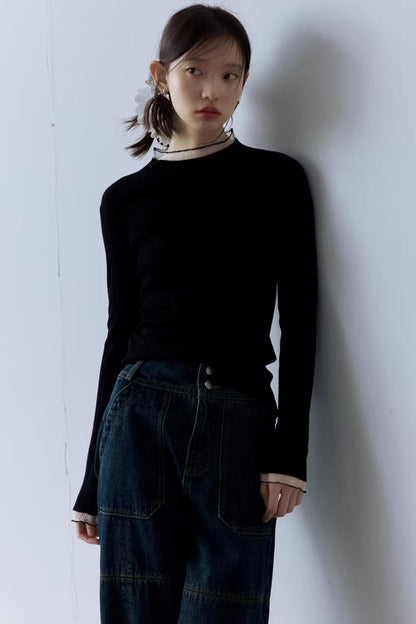 Schwarzes geripptes Stricktop