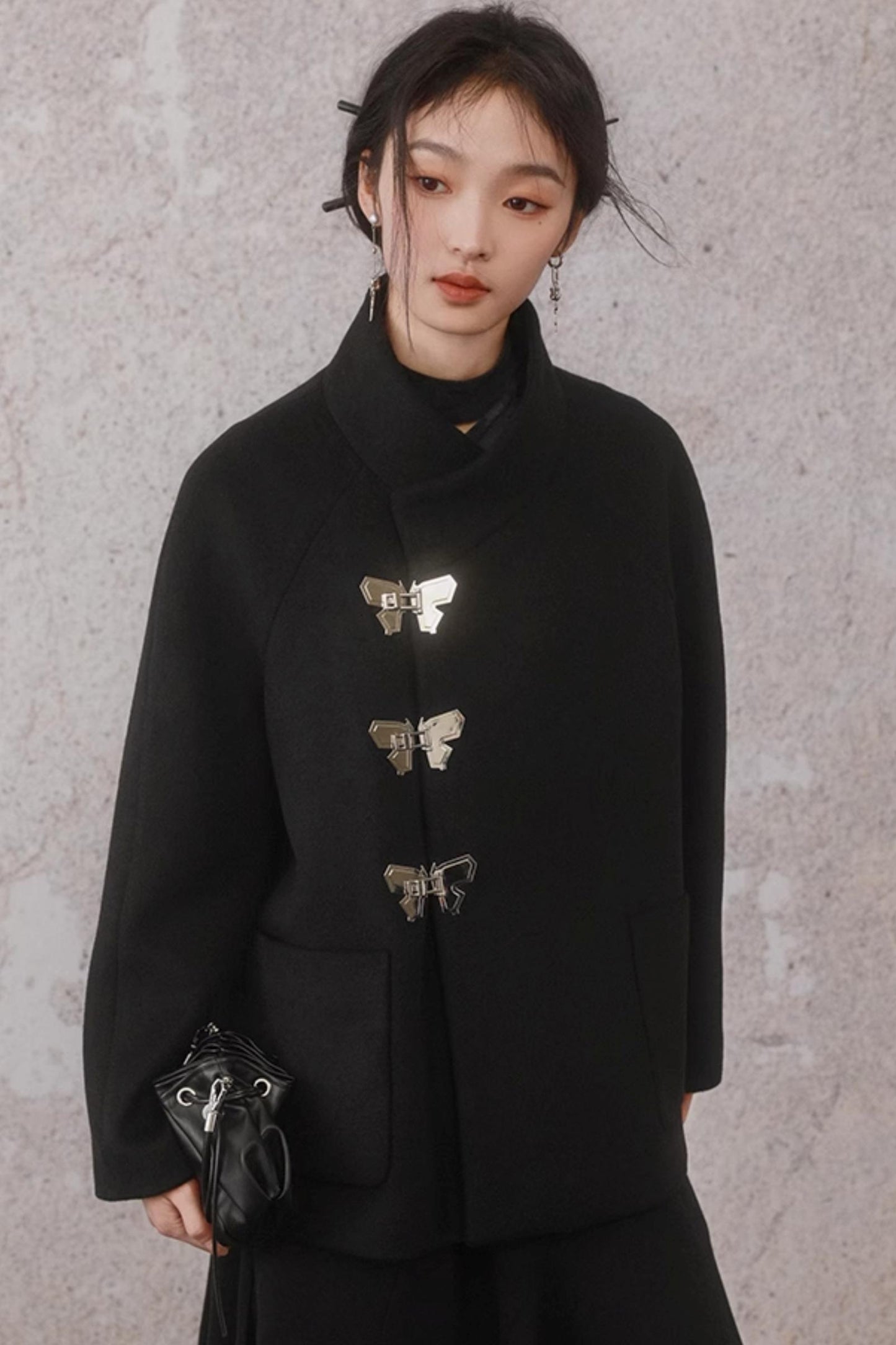 Black Woolen Butterfly Buckle Coat