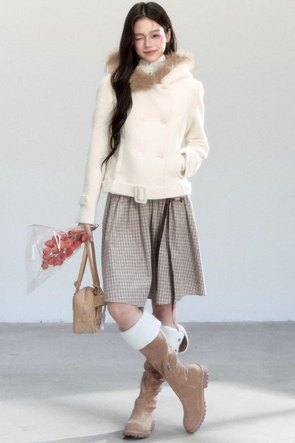 Fur Collar Slim Tweed Coat