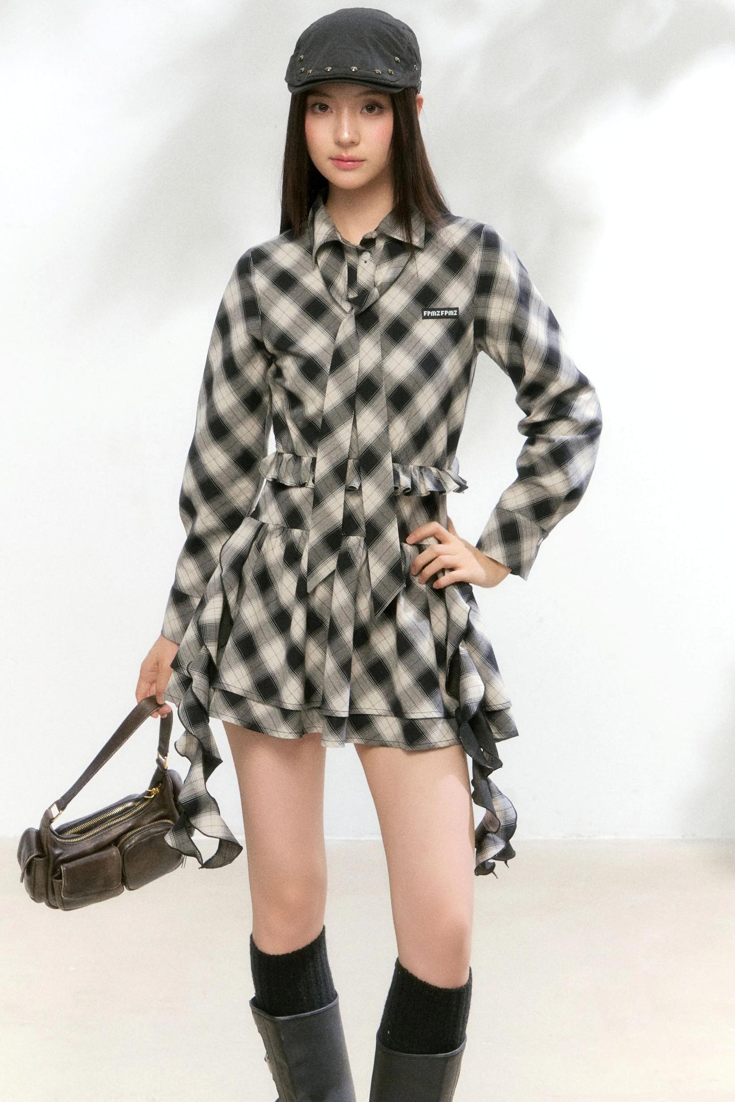 Plaid Diagonal Cut Long-Sleeved Shirt Dress