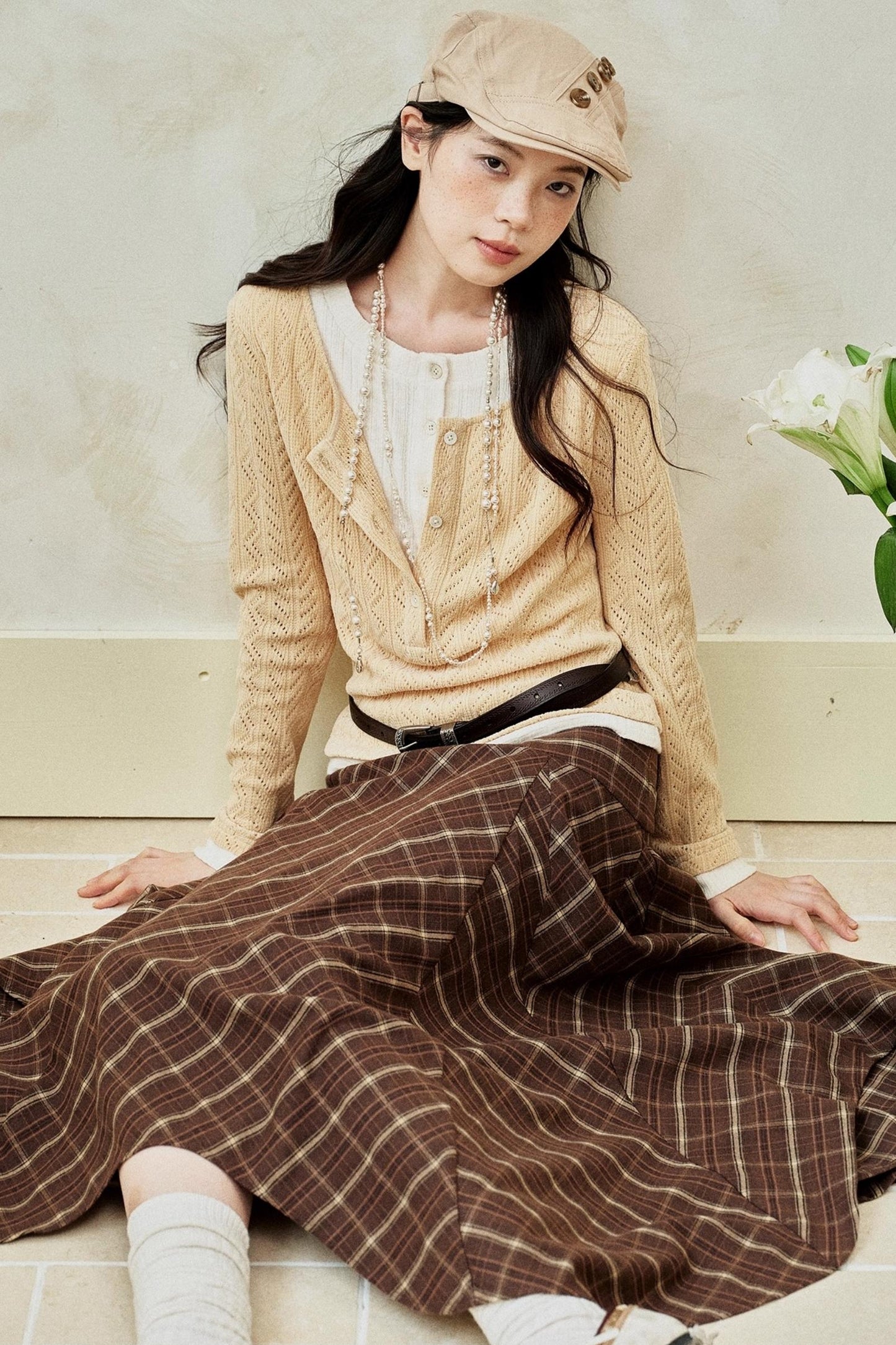 Gray-Brown Two-Tone Plaid Irregular Skirt