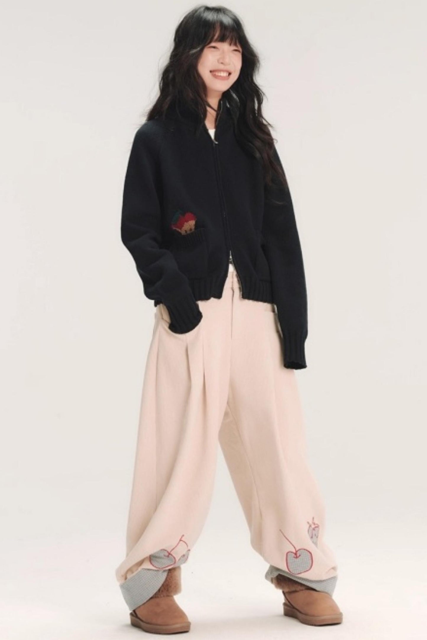 Hand-Painted Apple Embroidery Cardigan