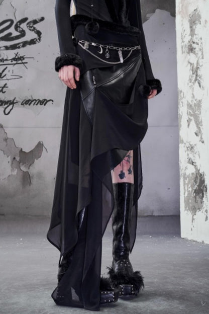 Chiffon Panel Ruffled Irregular Leather Skirt