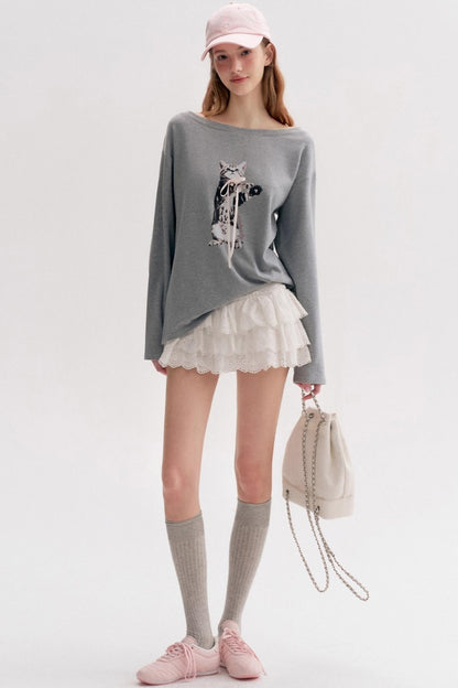 Lazy Kitten-print Long-sleeved T-shirt