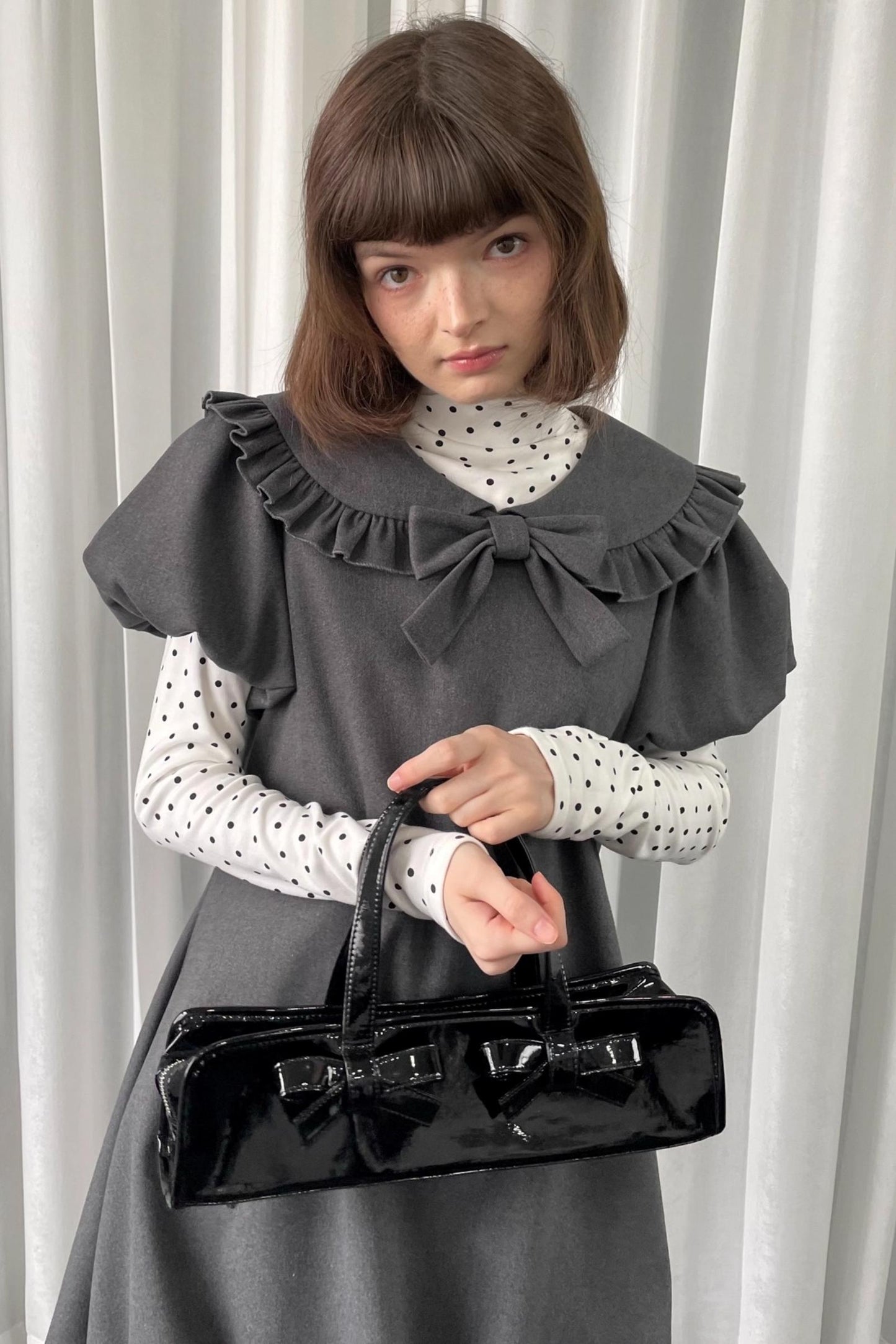 Gray Tweed Bow Lace Puff Sleeve Dress