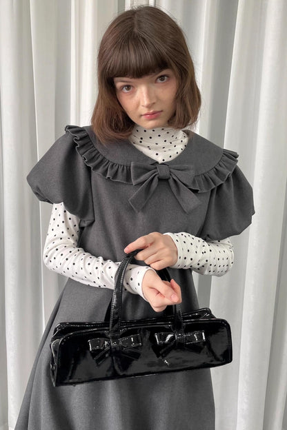 Gray Tweed Bow Lace Puff Sleeve Dress