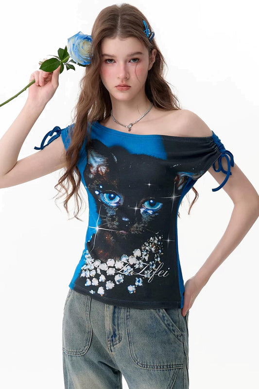 Blue Cat Print Short-Sleeved T-Shirt