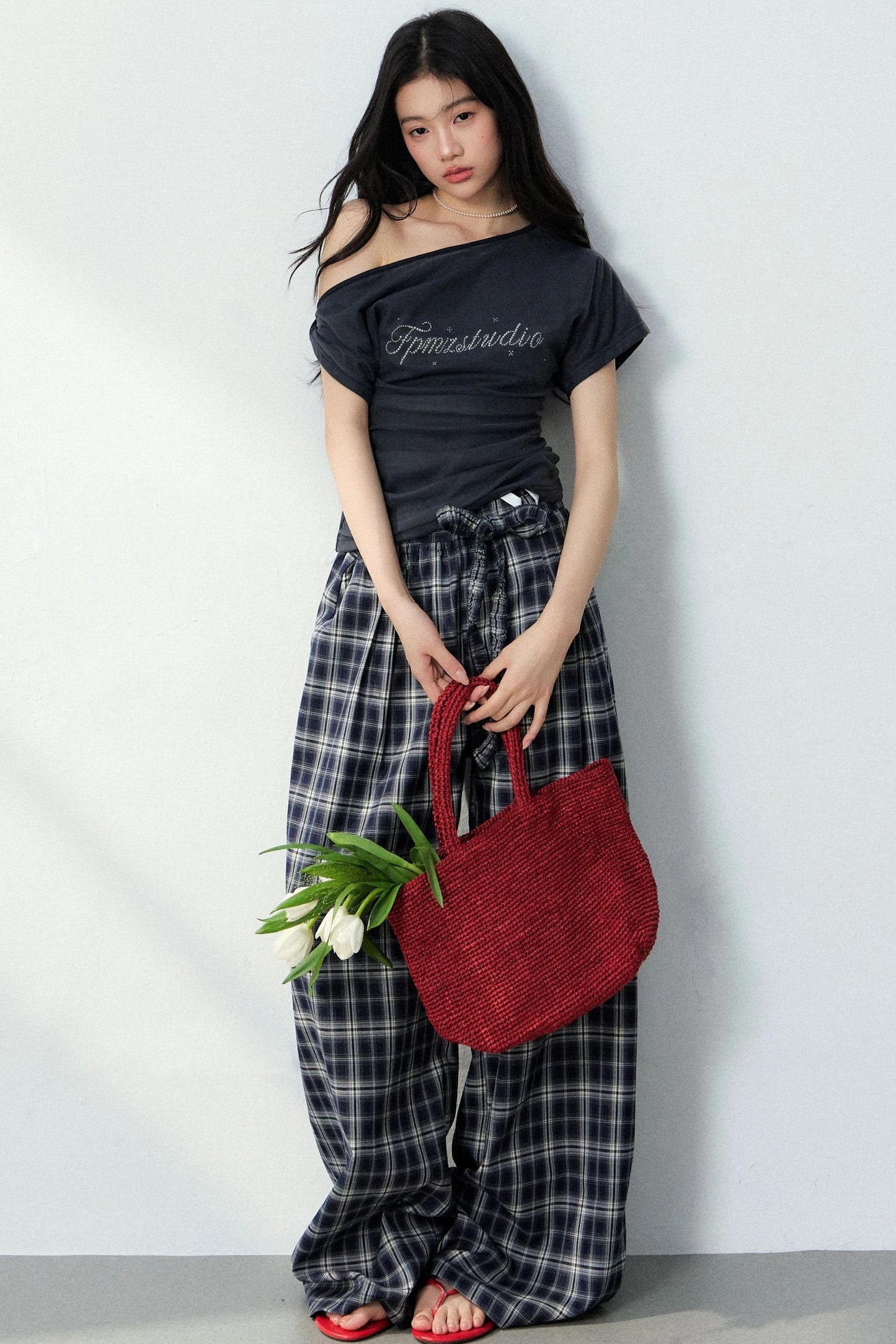 Asymmetrical Top and Plaid Pants Set-Up