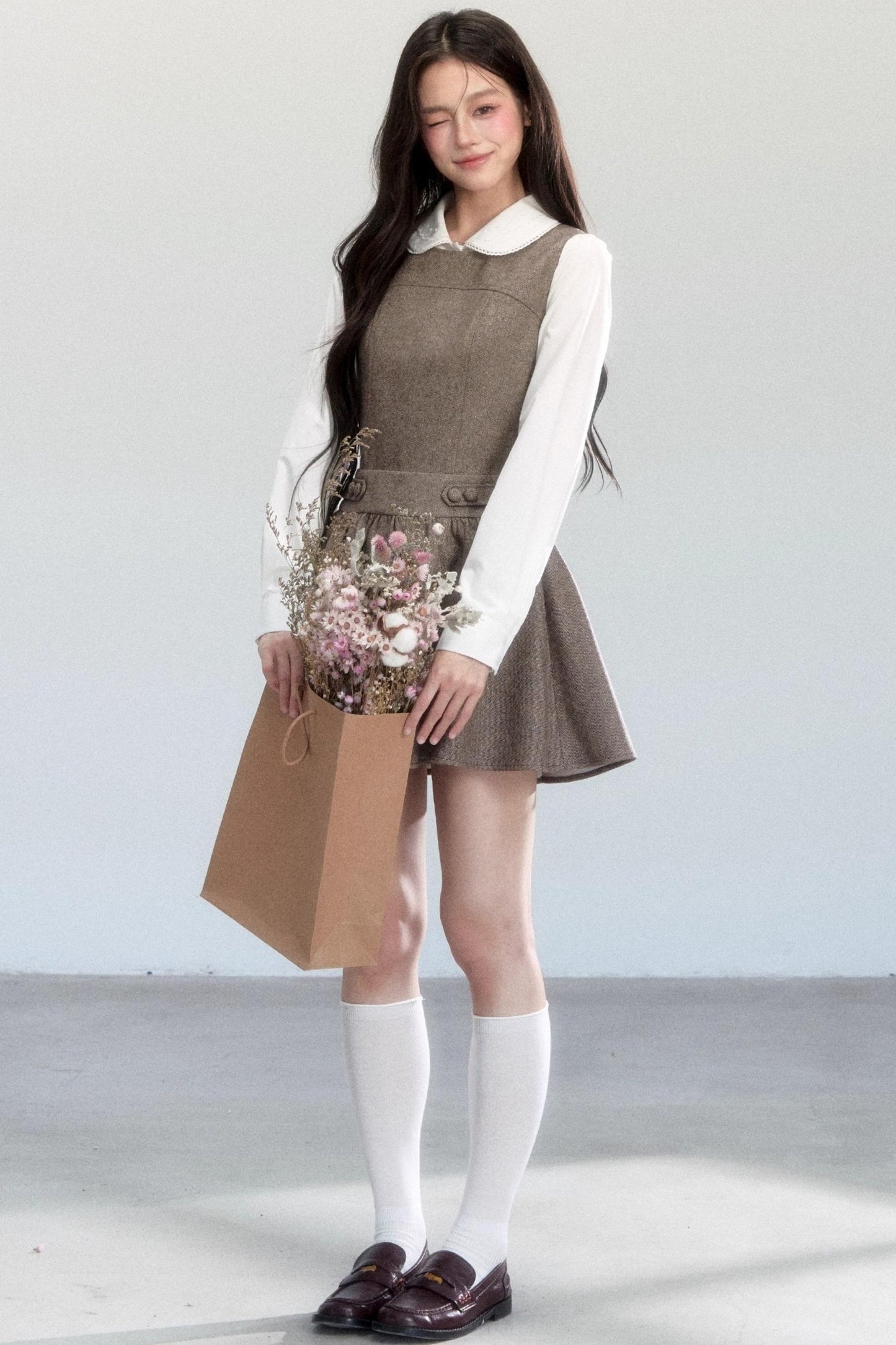 Doll Collar Shirt With Dress Set-Up