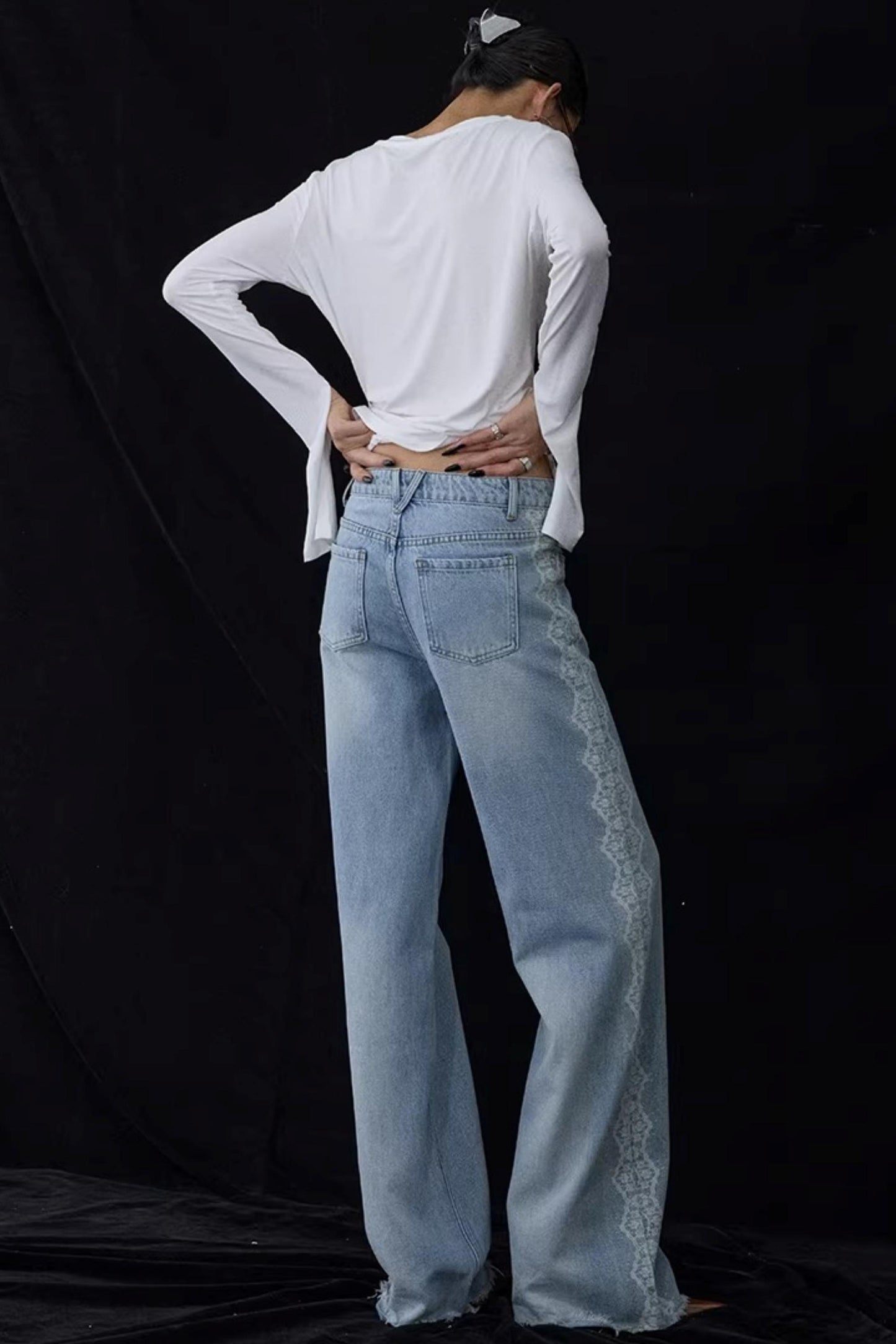 Lace Print Raw Hem Jeans