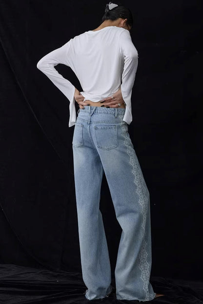 Lace Print Raw Hem Jeans